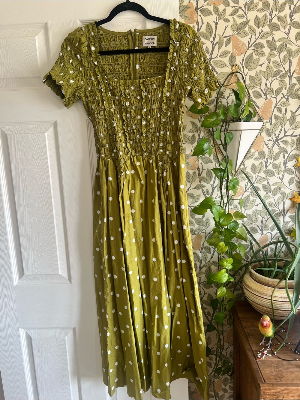 Damson Madder Smocked Olive Green Polka Dot Midi